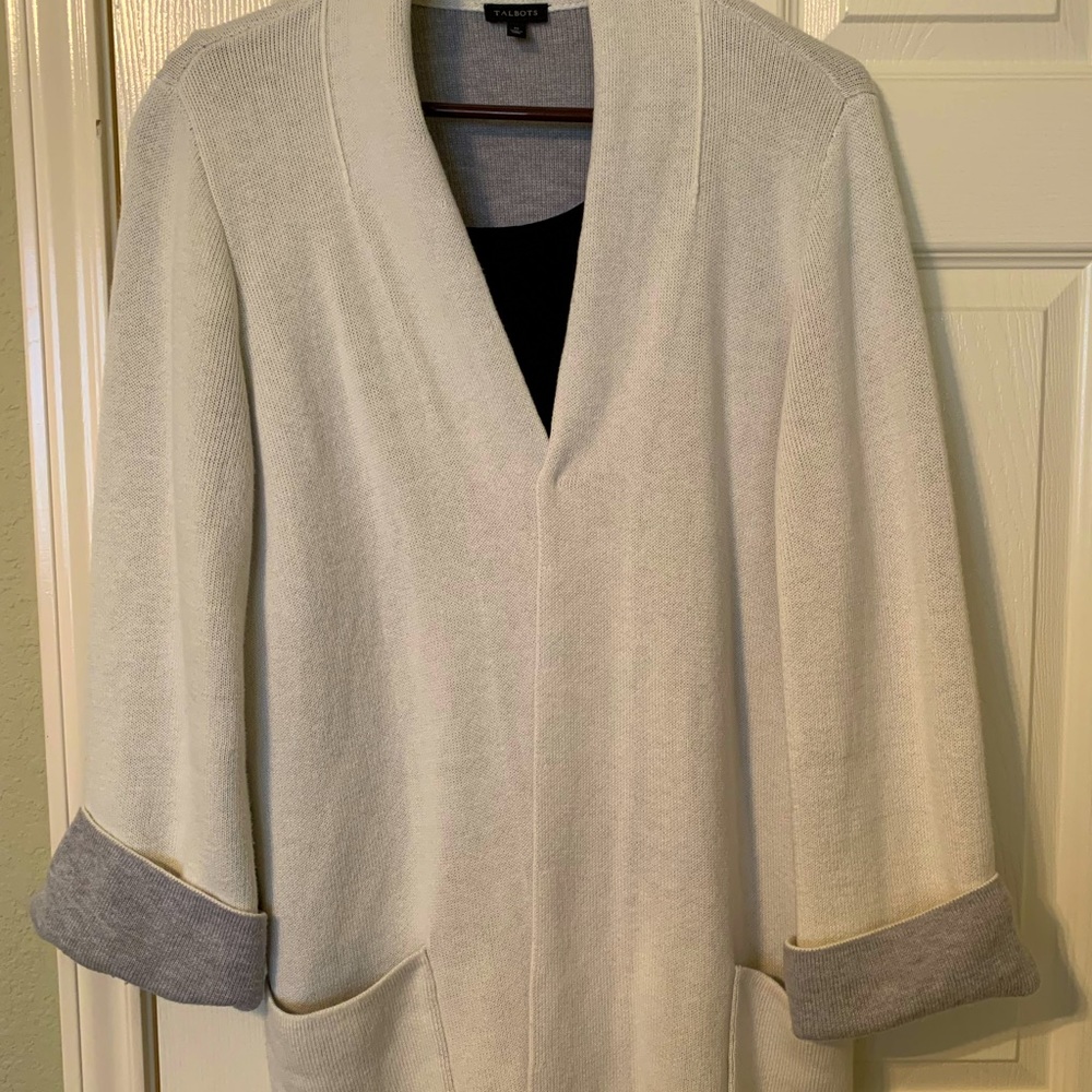 Talbots cardigan sweater with grey accents. Perfect for the chilly office!